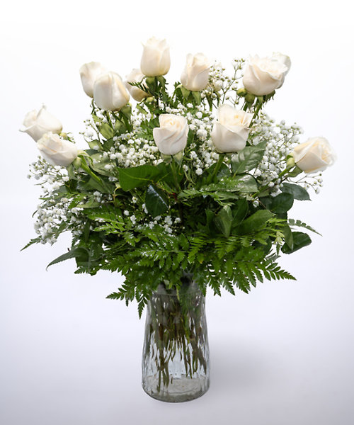 12 White Roses Vased