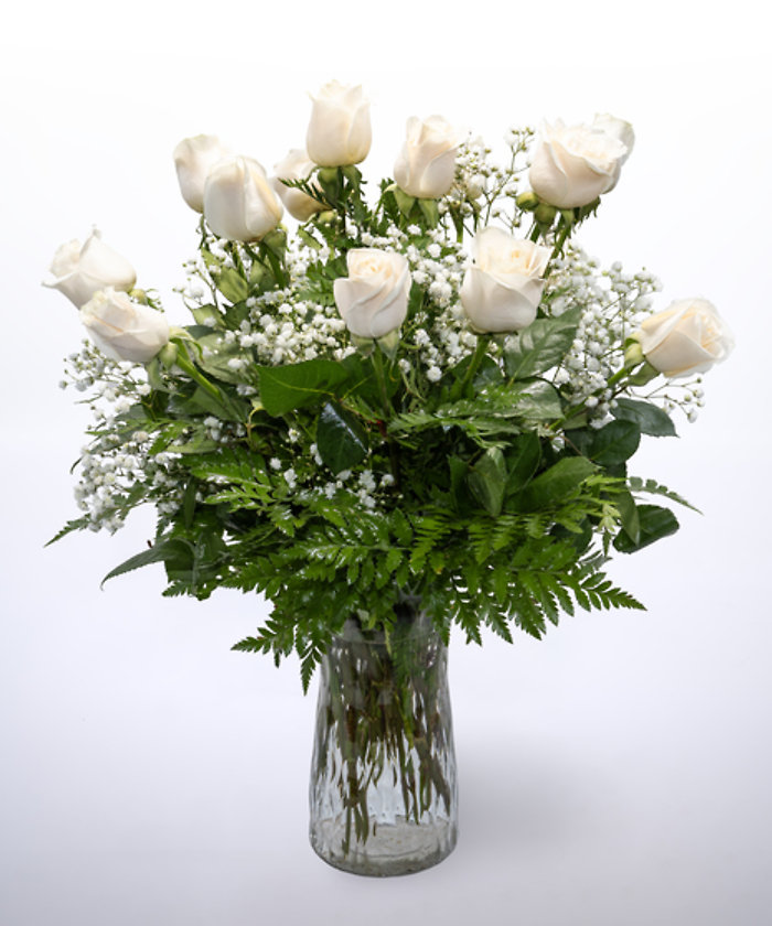 12 White Roses Vased