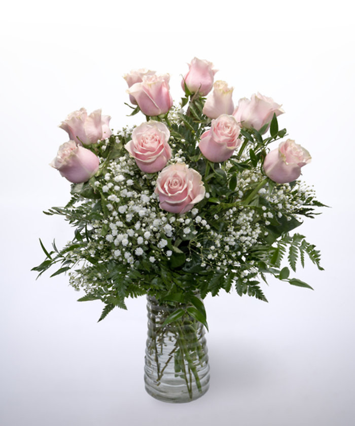 12 Pink Roses Vased