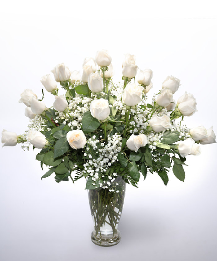 36 White Roses Vased